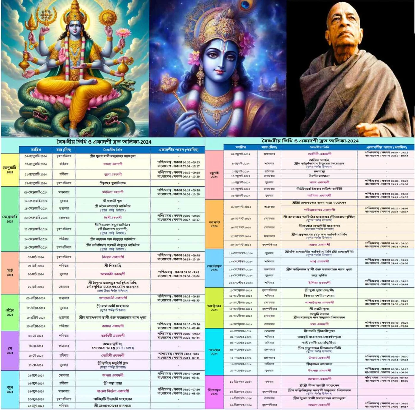 Ekadashi List-2024✸বৈষ্ণবীয় তিথি ও একাদশী ব্রত তালিকা-2024
